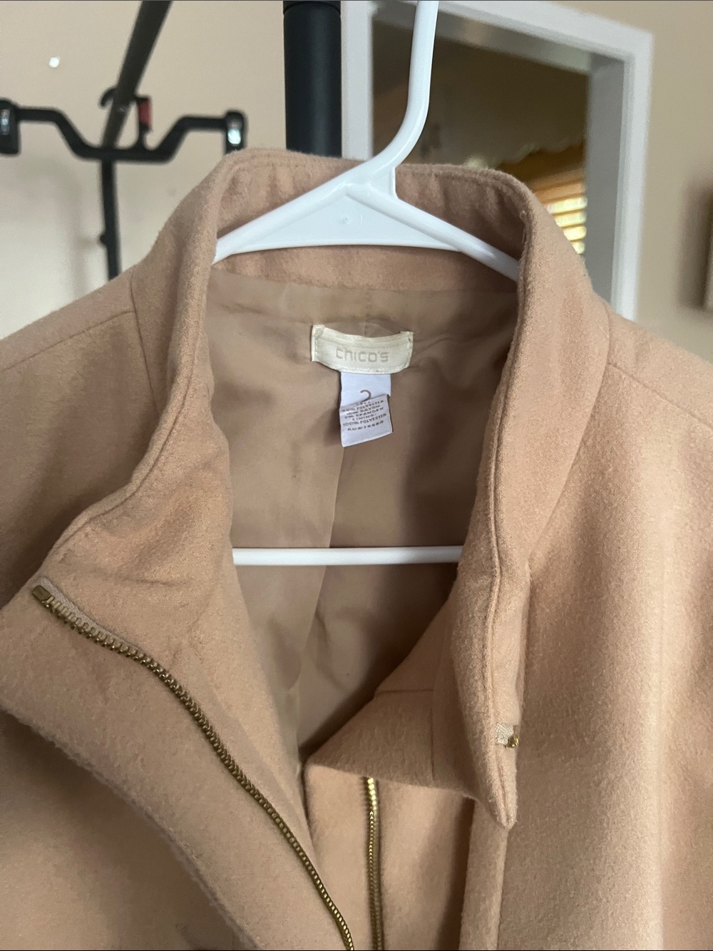 Chico's Camel-Tan Pea Coat with Gold Zipper